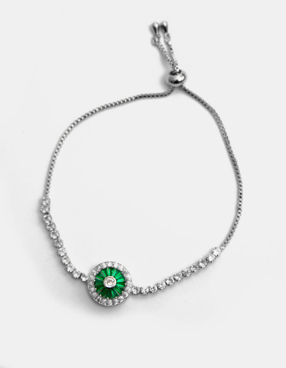 ⚡Ei Pulsera Ajustable en Plata .925 con Baño de Rodio, Flor Mini con Esmeraldas de Bombay y Topacios Blancos