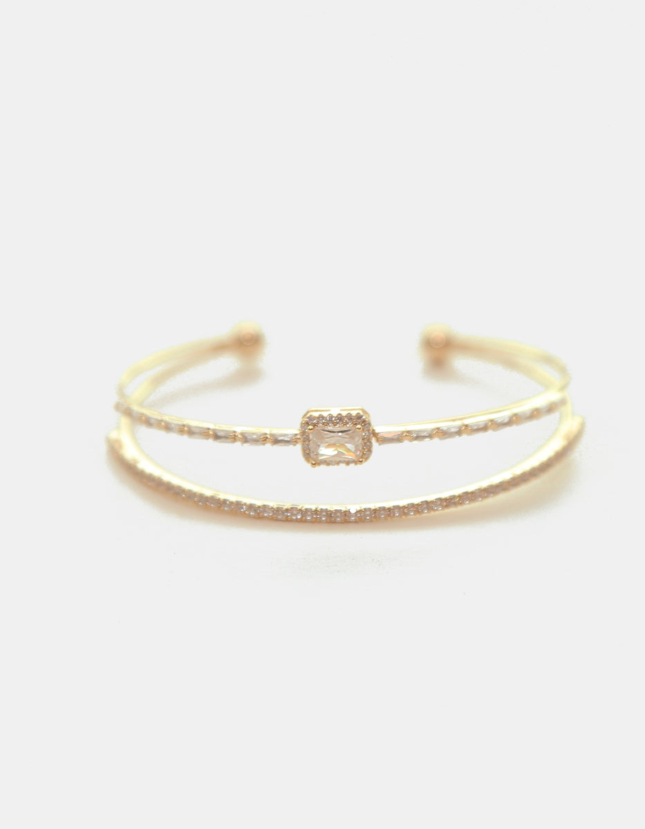 ⚡Ei Brazalete en Plata .925 con Baño de Oro 22 kt, Doble Hilo con Topacio Rectangular y Topacios Blancos
