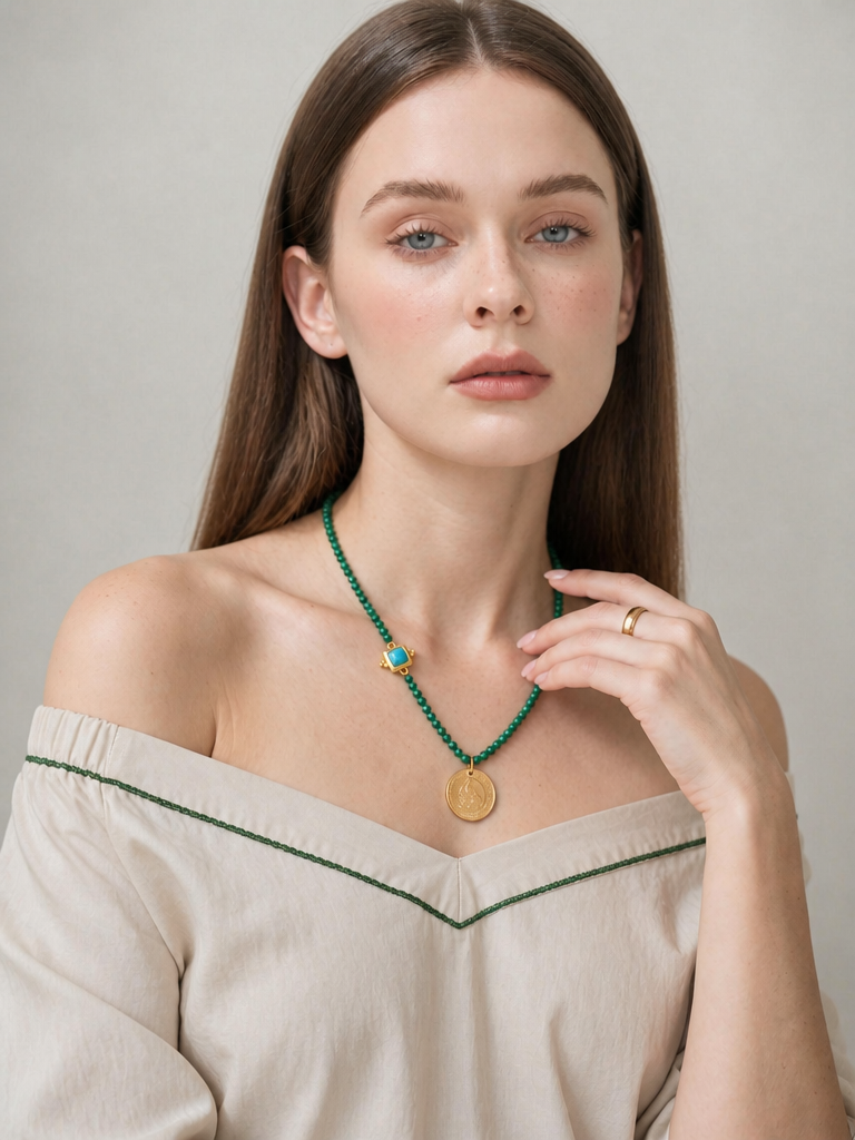 Collar de Cristal Austriaco Verde con Dije Lateral Turquesa y Moneda en Baño de Oro de 22kt