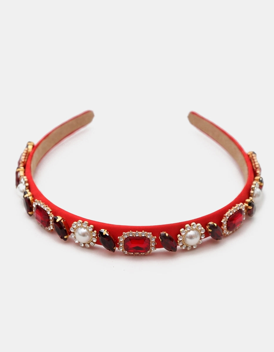 Diadema de terciopelo rojo con gemas y perlas vintage