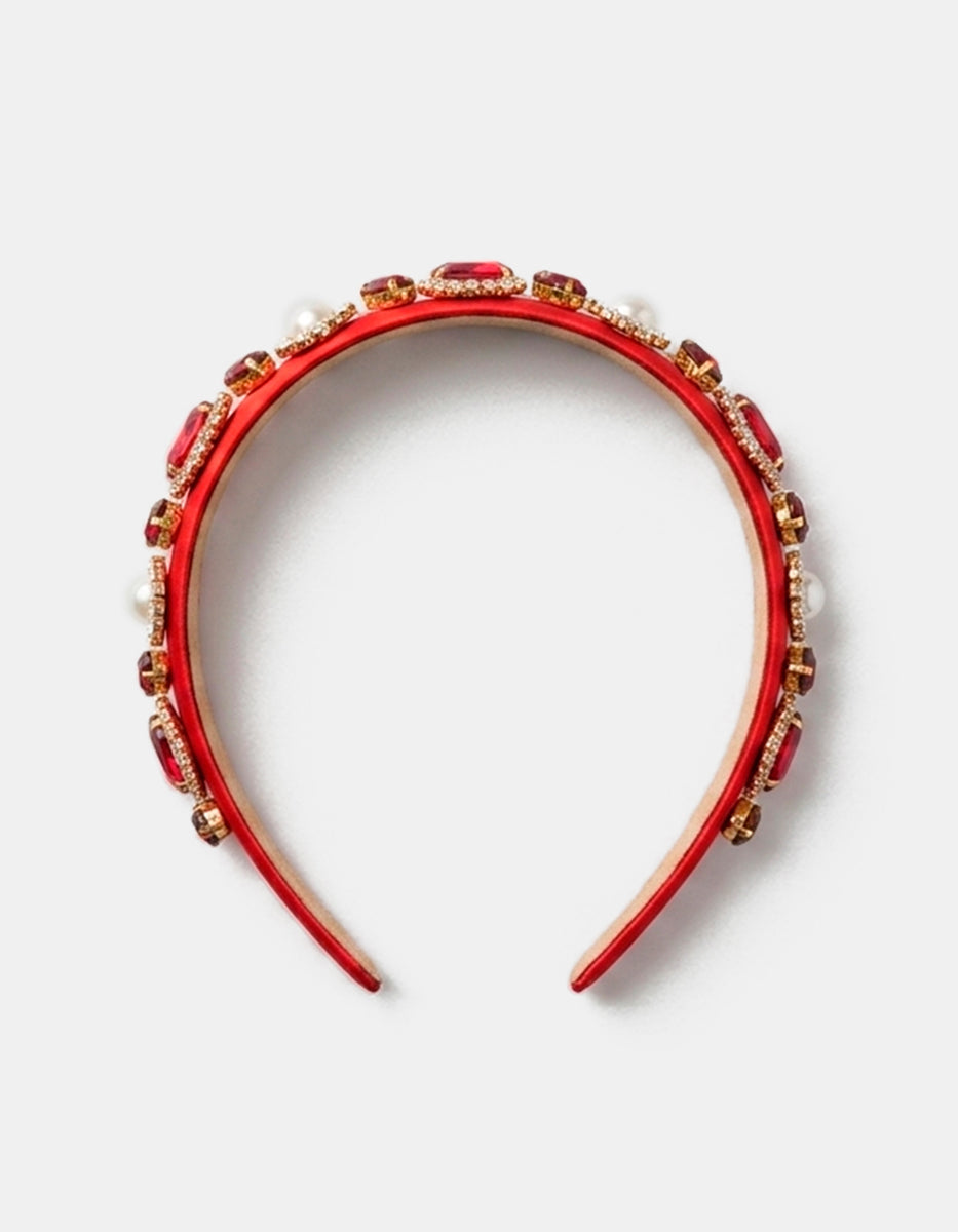 Diadema de terciopelo rojo con gemas y perlas vintage