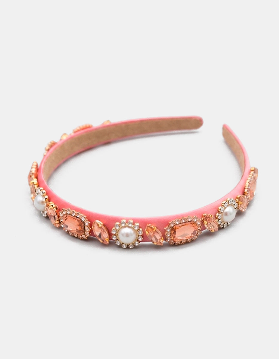 Diadema de terciopelo rosa con gemas durazno y perlas vintage