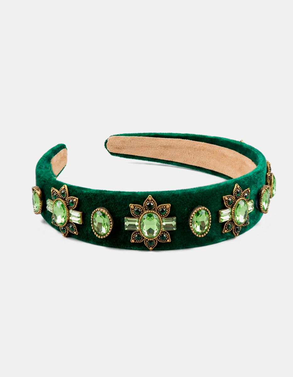 Diadema de terciopelo verde esmeralda con cristales facetados