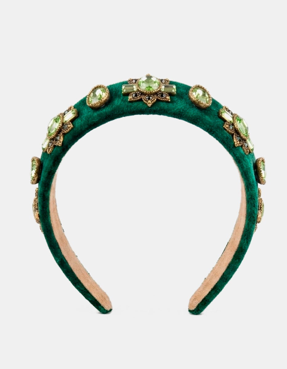 Diadema de terciopelo verde esmeralda con cristales facetados