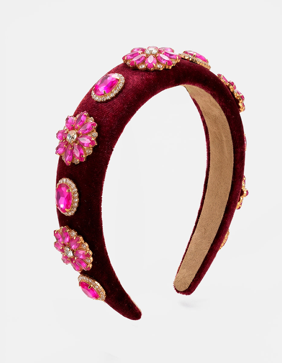 Diadema de terciopelo rosa con espinolita y cristales facetados
