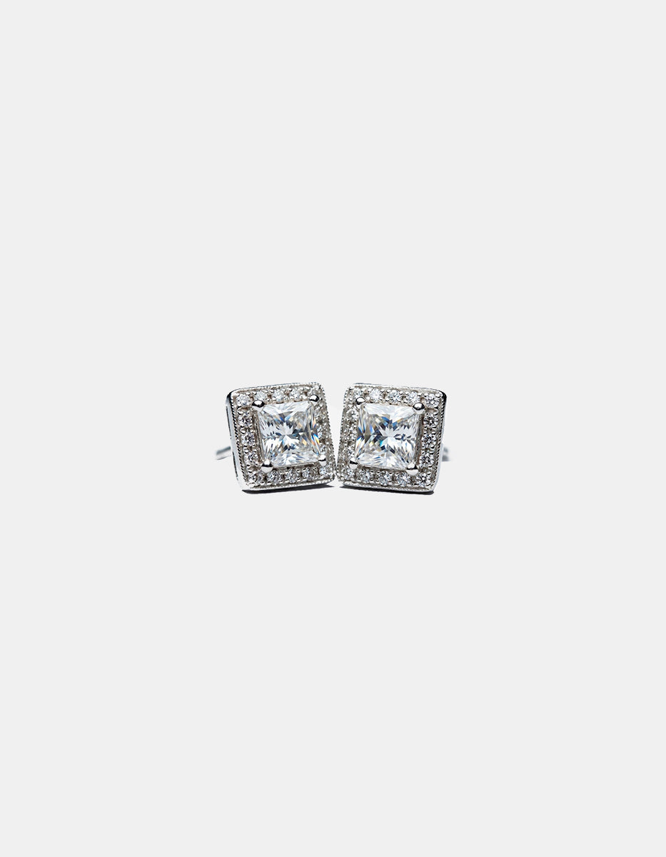 Broqueles de plata .925 con baño de platino en forma cuadrada y topacios blancos corte brillante Festive Style