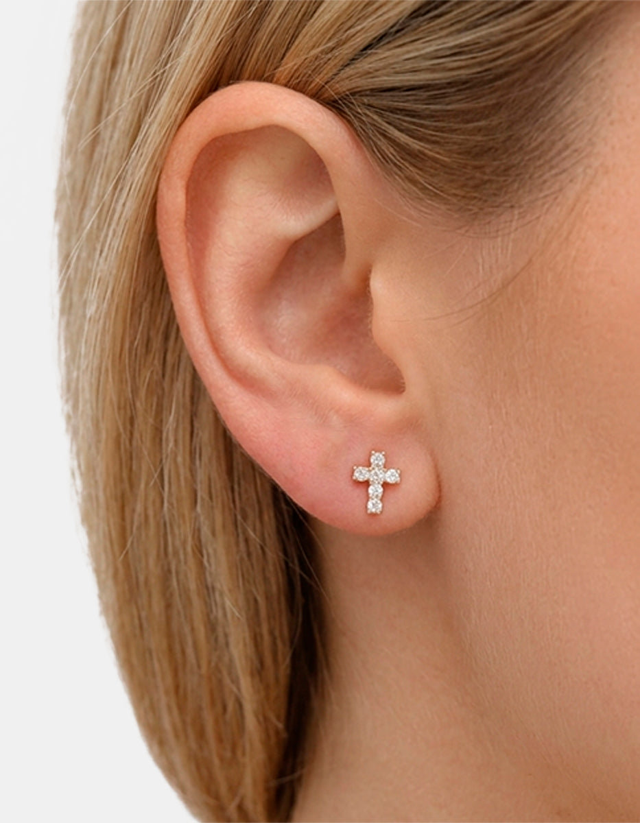 Broqueles de plata .925 con baño de oro 22k en forma de cruz y topacios blancos corte brillante Festive Style