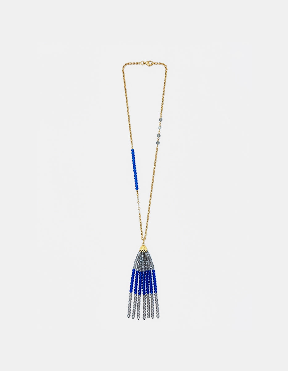 Collar de bronce en baño vermeil 22k con cristales facetados color azul y gris