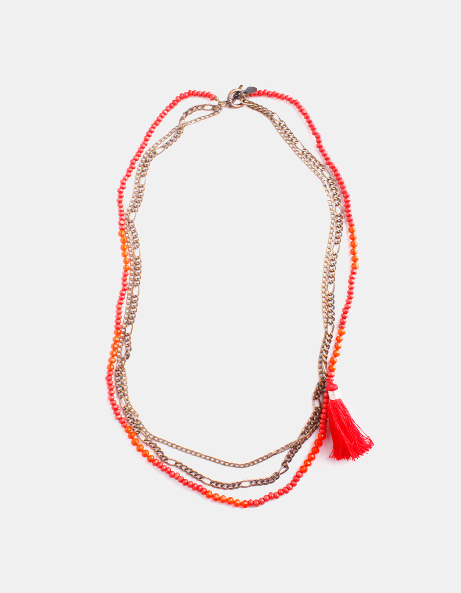 ⚡Ei Collar Daniel Espinosa Multicapa con Cuentas Rojas y Cadena de Oro 22K – Metal Noble con Pompón