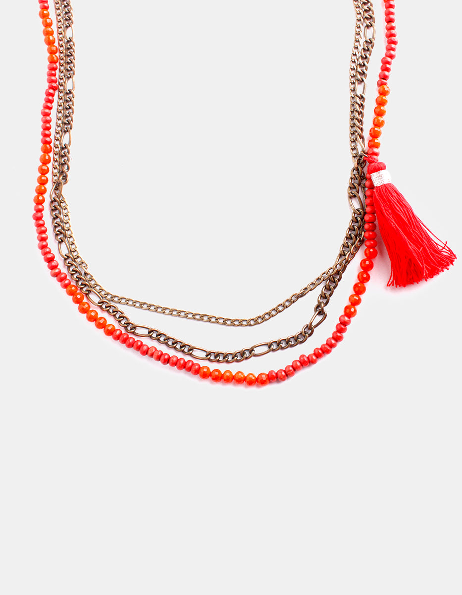 ⚡Ei Collar Daniel Espinosa Multicapa con Cuentas Rojas y Cadena de Oro 22K – Metal Noble con Pompón