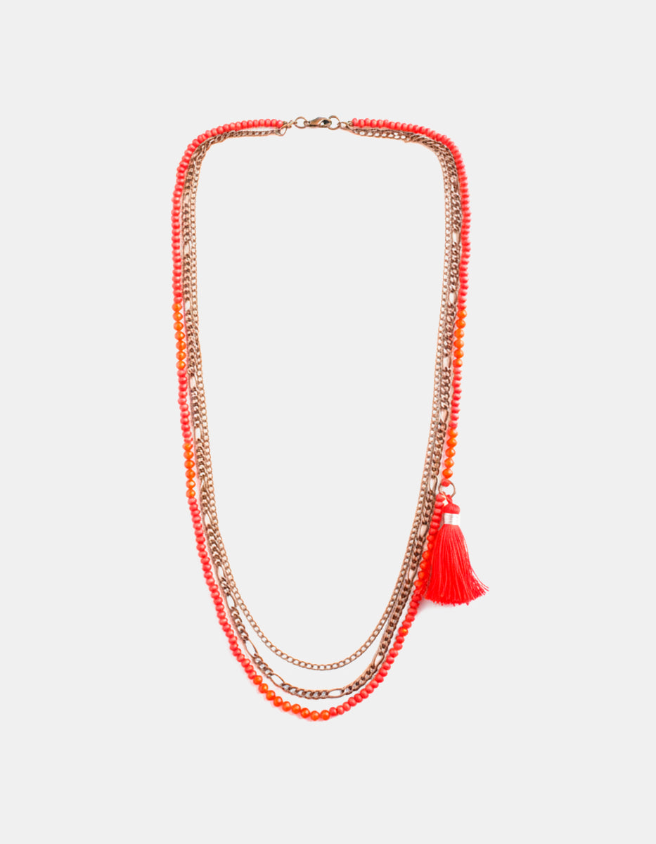 ⚡Ei Collar Daniel Espinosa Multicapa con Cuentas Rojas y Cadena de Oro 22K – Metal Noble con Pompón