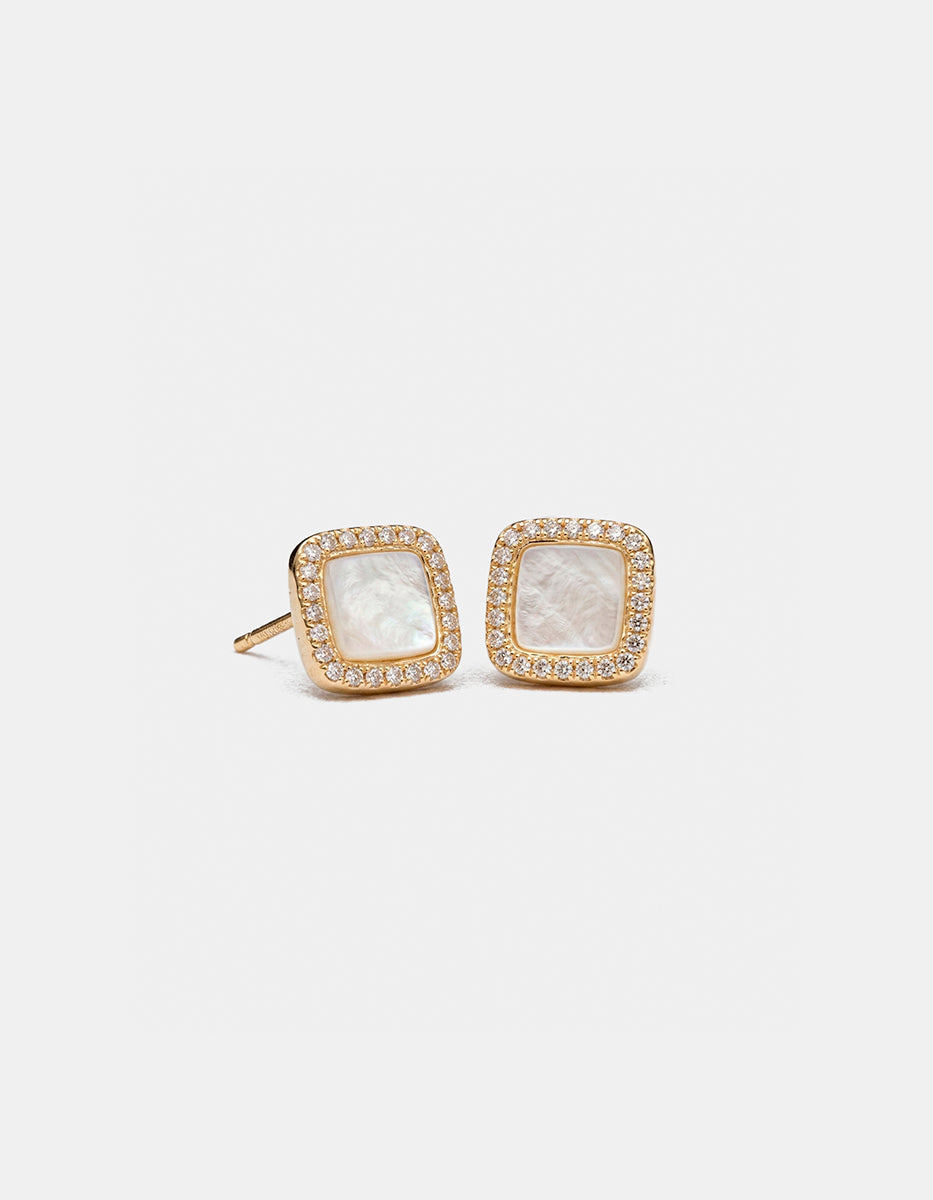 Broqueles de plata .925 con baño de oro 22k en forma cuadrada con madreperla y topacios blancos corte brillante Festive Style