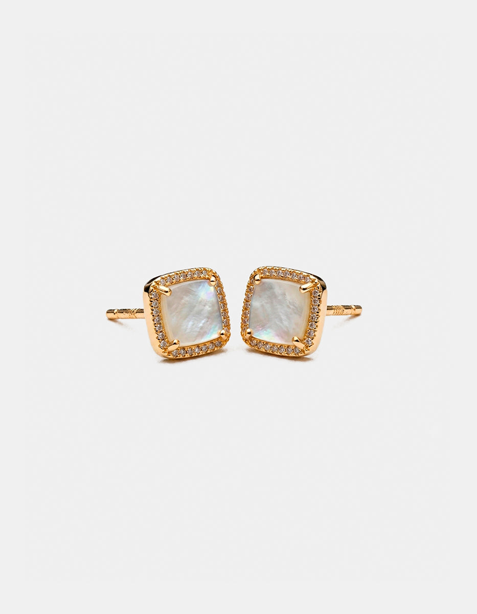 Broqueles de plata .925 con baño de oro 22k en forma cuadrada con madreperla y topacios blancos corte brillante Festive Style