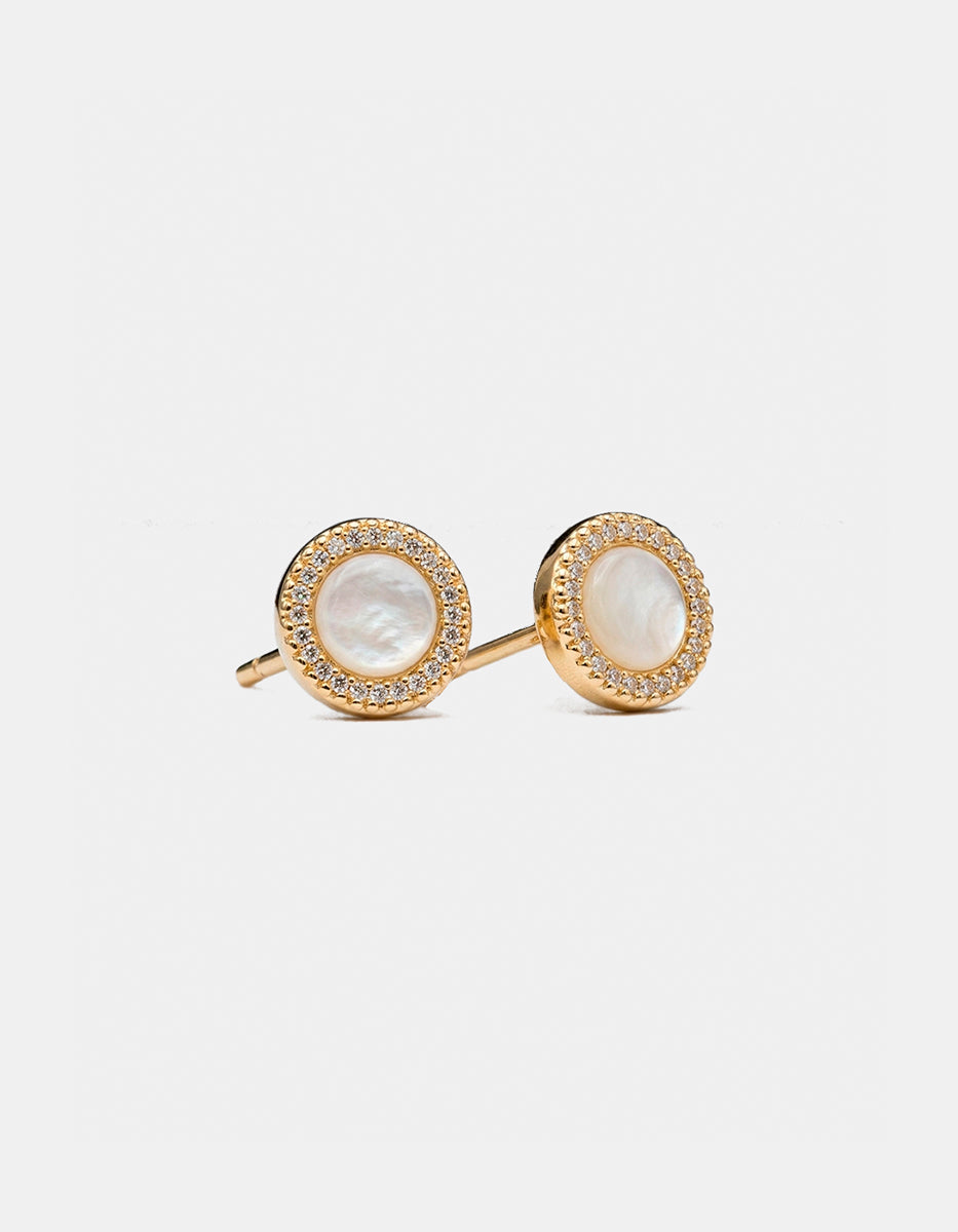 Broqueles de plata .925 con baño de oro 22k en forma circular con madreperla y topacios blancos corte brillante Festive Style