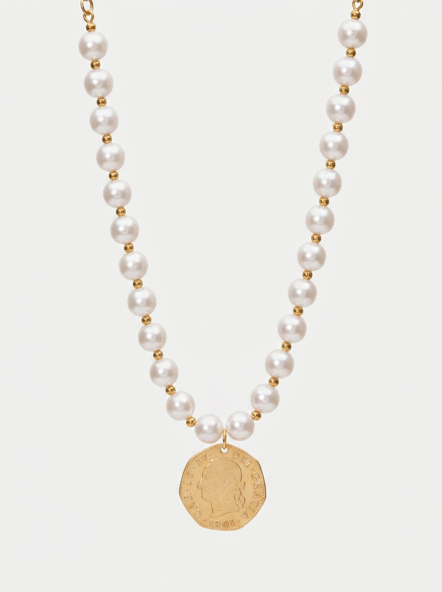 Collar con perla Mabe intercalada & moneda baño oro 22kt Memorias