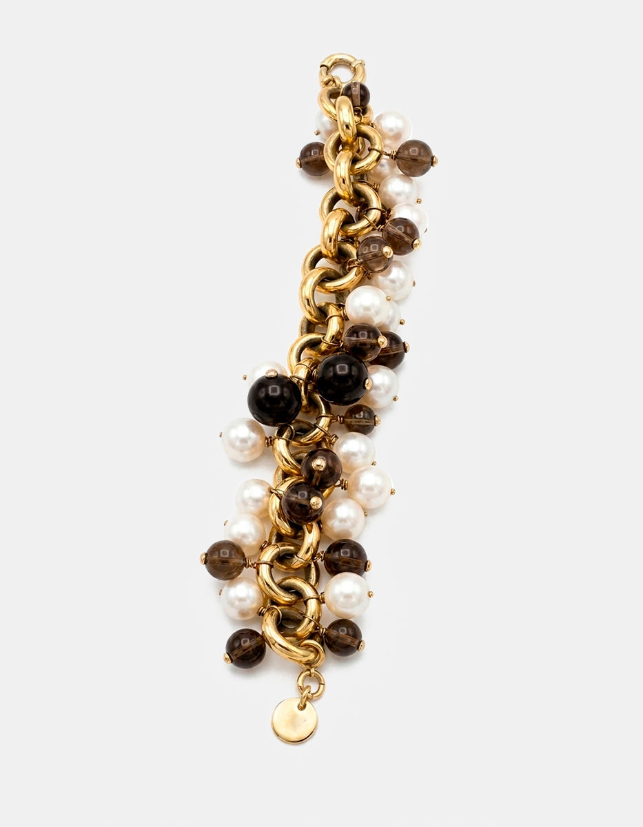 Pulsera de bronce en baño vermeil 22k con perlas, cuarzo ahumado y ónix