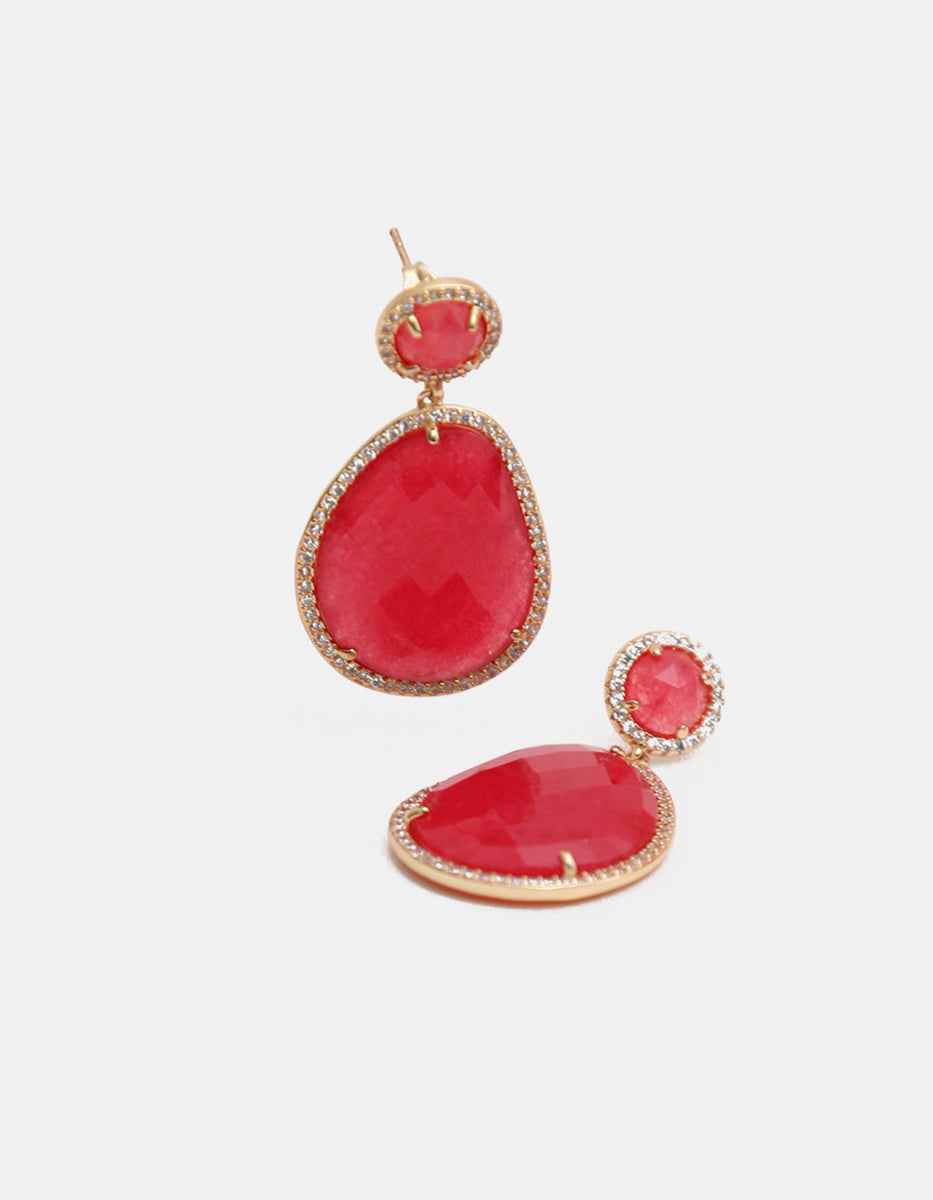 Aretes bronce baño oro 22 kt doble gota y circulo piedra ojo de gato tono salmon & espinolia® blanca