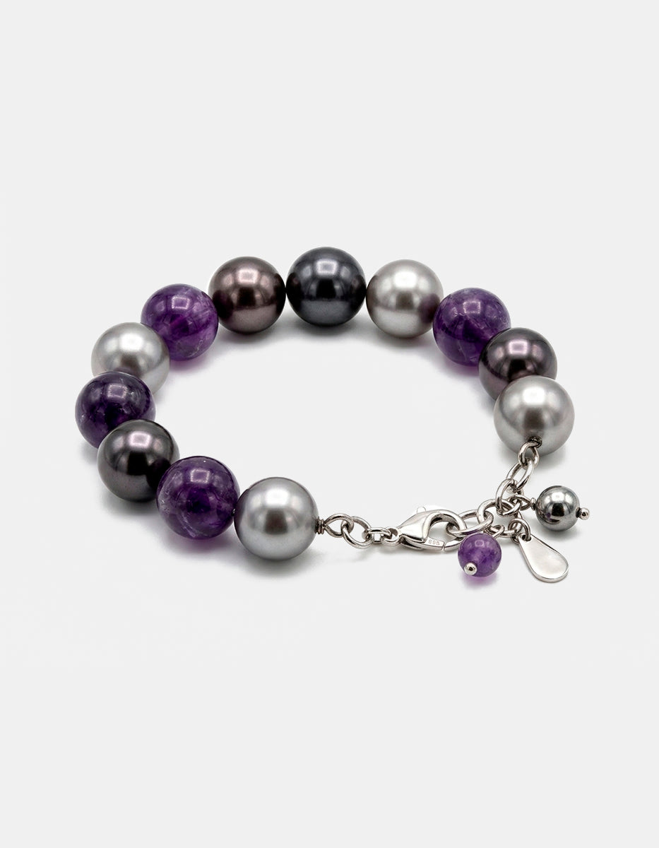 Pulsera de metal base con baño rodinado, amatista y hematita