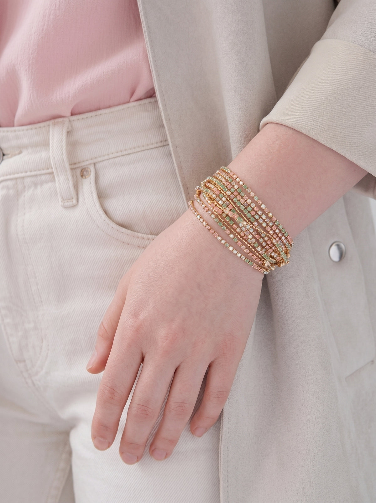 Pulseras de Gold-Filled con Espinolita Verde Esmeralda & Rosa Salmón