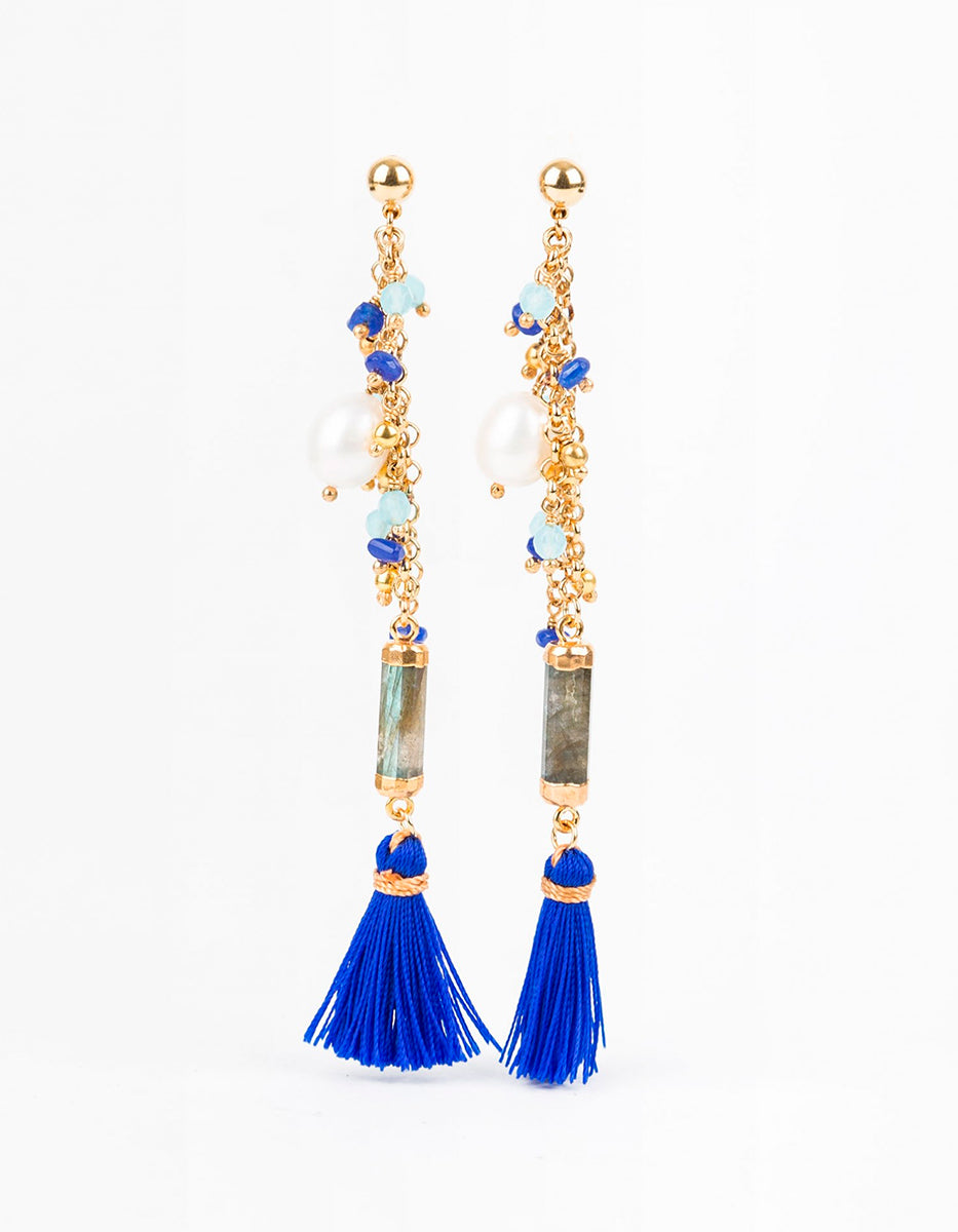 Aretes en Plata .925 con Baño Vermeil 22 kt, Cadenas con Perla Mabe e Hilos en Tono Lapislázuli Islas Canarias