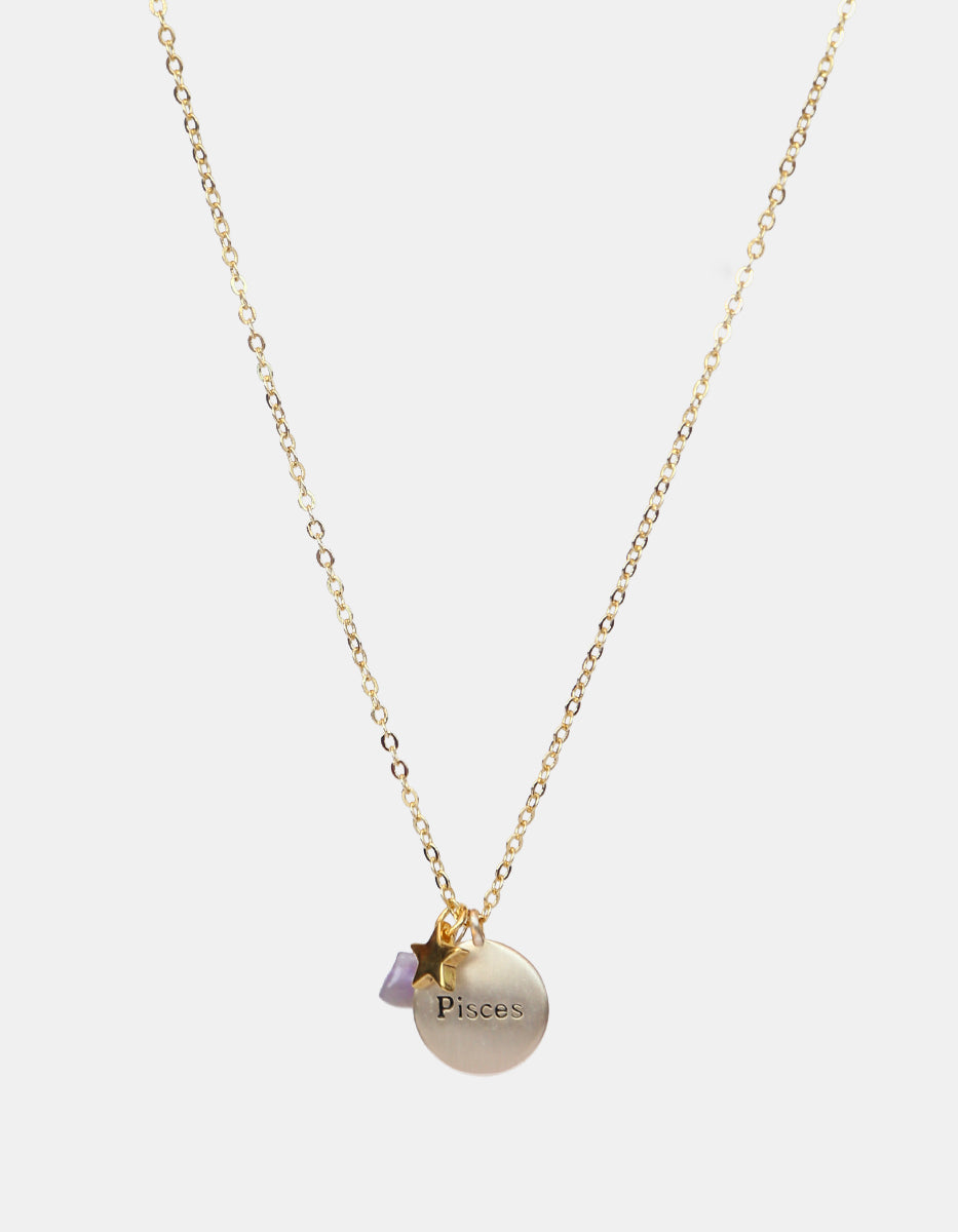 Collar de bronce con dije Piscis en baño de oro laminado mate y topacios blancos Zodiac
