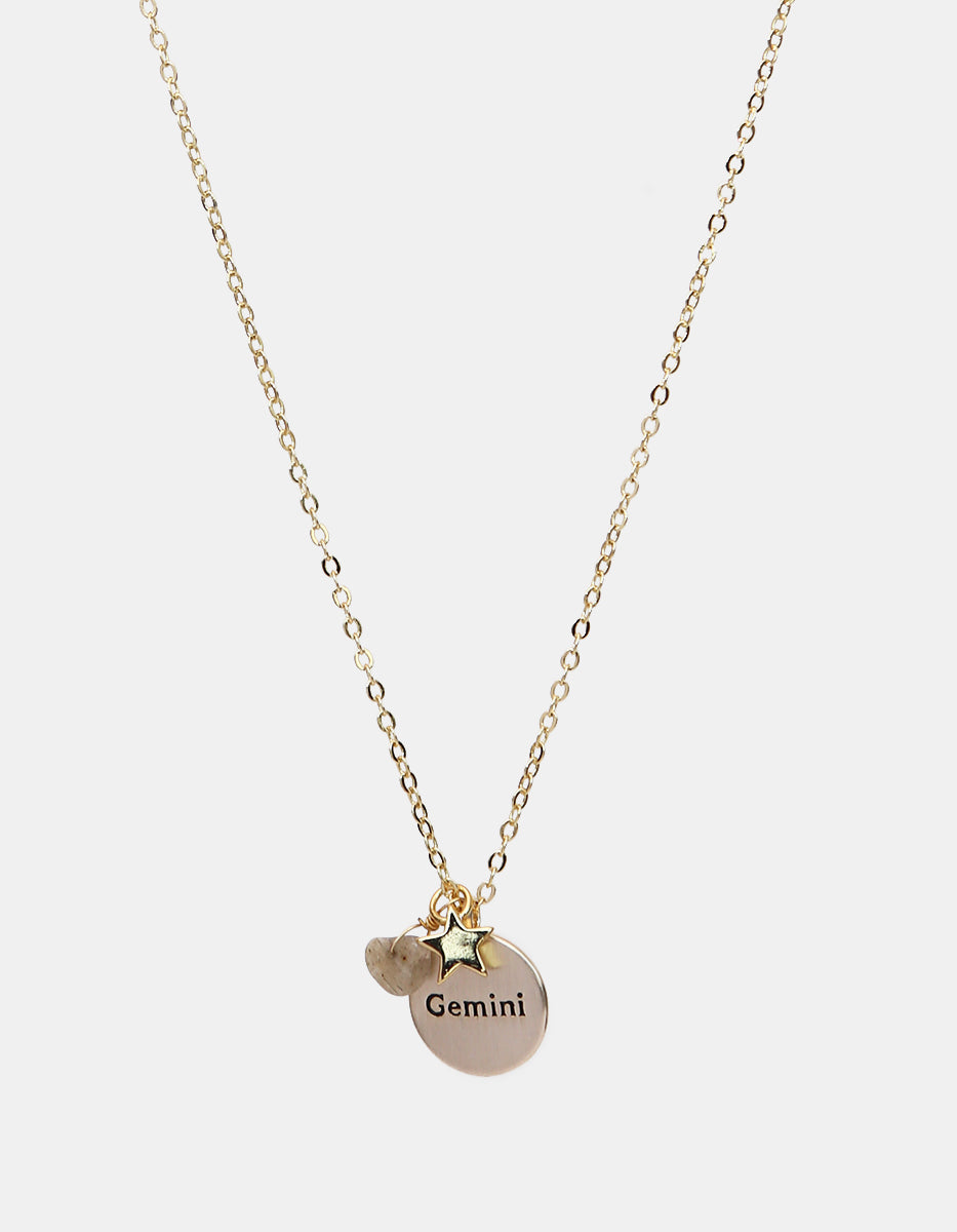 Collar de bronce con dije Géminis en baño de oro laminado mate y topacios blancos Zodiac