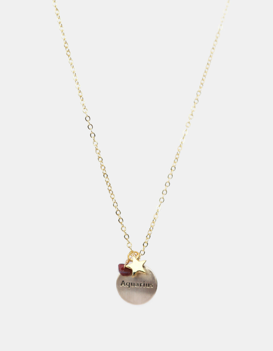 Collar de bronce con dije Acuario en baño de oro laminado mate y topacios blancos Zodiac