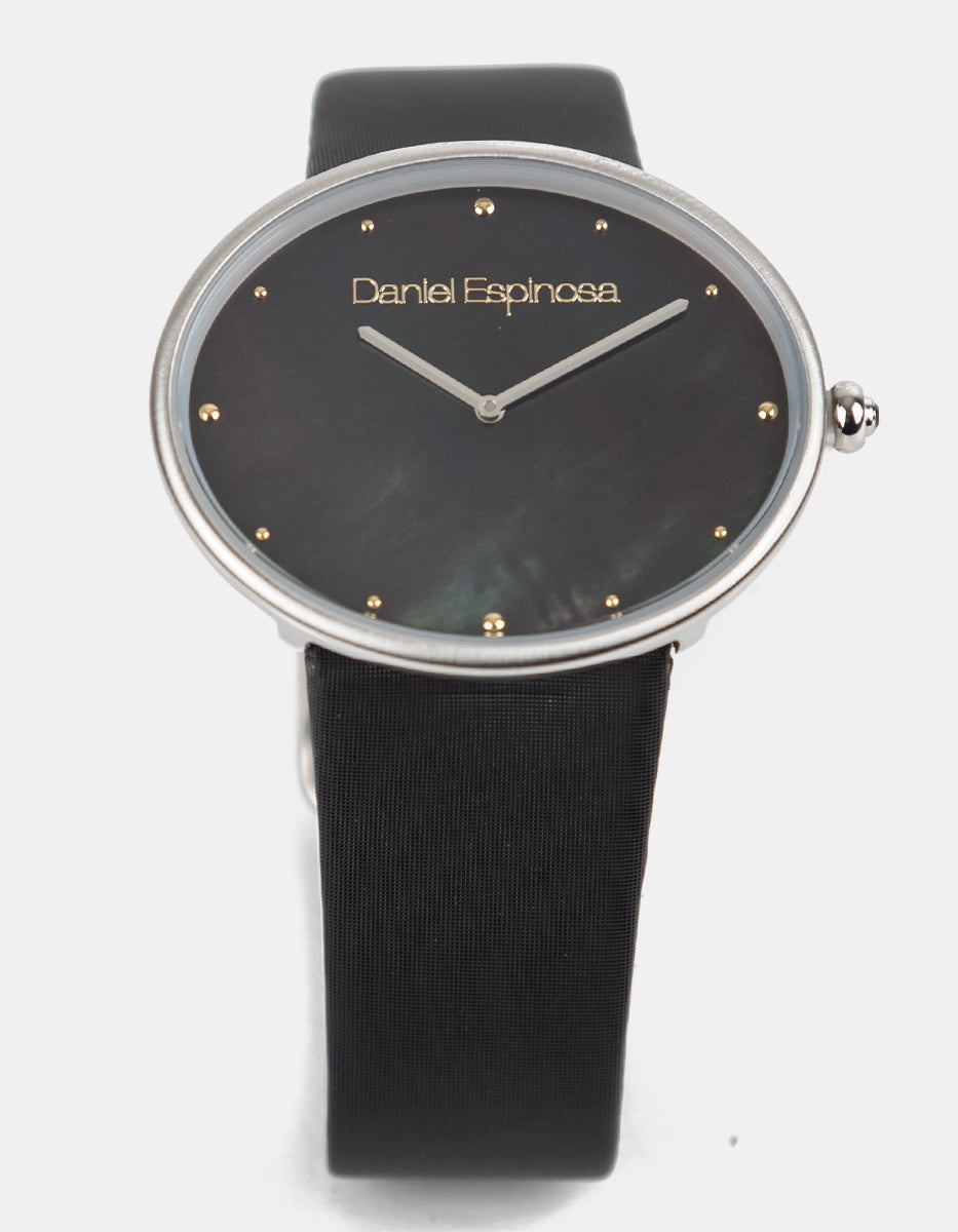 Reloj en Acero Inoxidable Negro con Bisel Plateado Hollywood