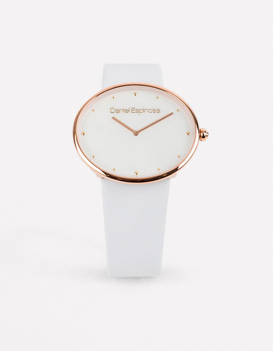 Reloj en Acero Inoxidable Blanco y Bisel Dorado Hollywood