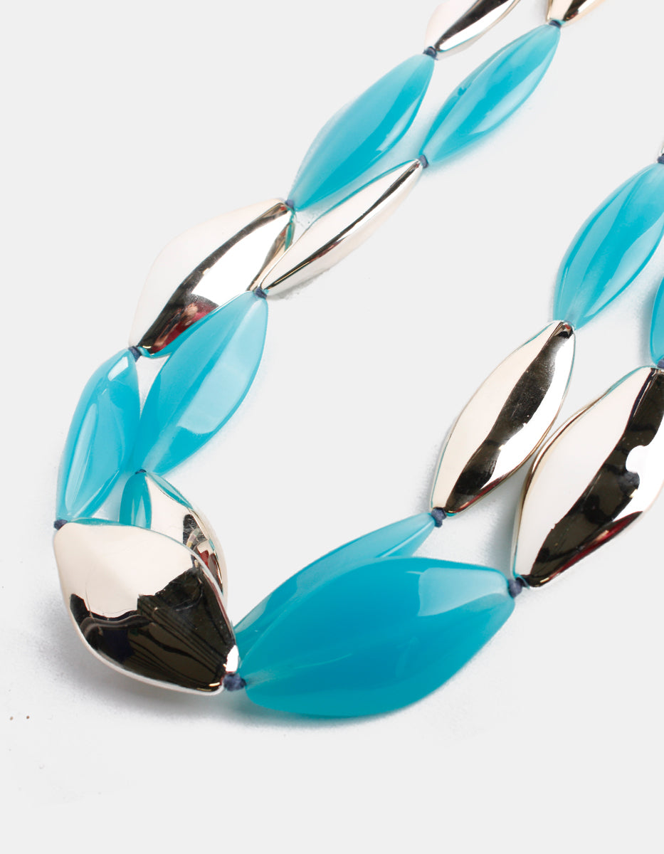 ⚡Ei Collar Extralargo en Metal Plateado con Calcedonia New Deco