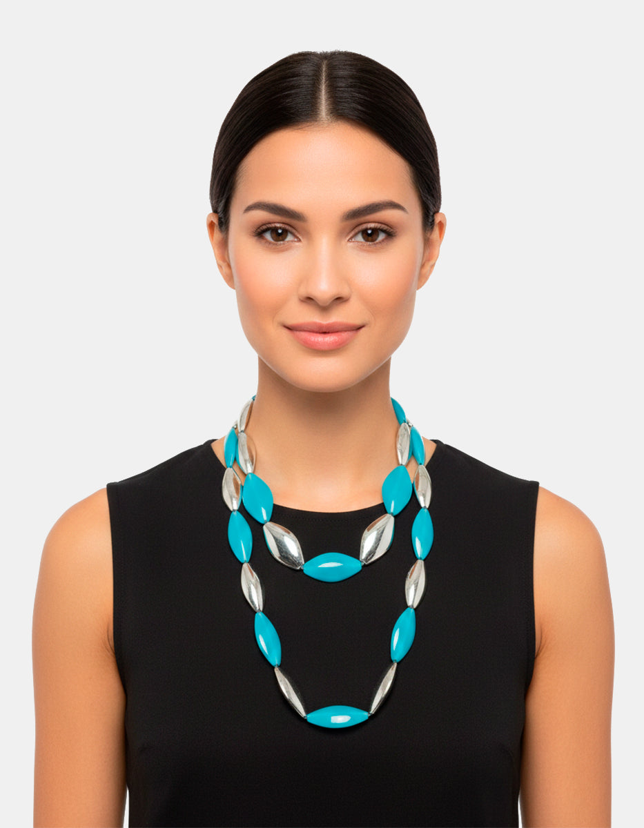 ⚡Ei Collar Extralargo en Metal Plateado con Calcedonia New Deco