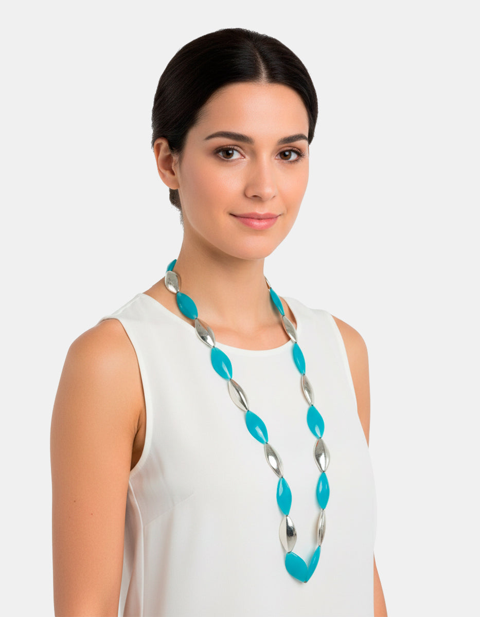 ⚡Ei Collar Extralargo en Metal Plateado con Calcedonia New Deco