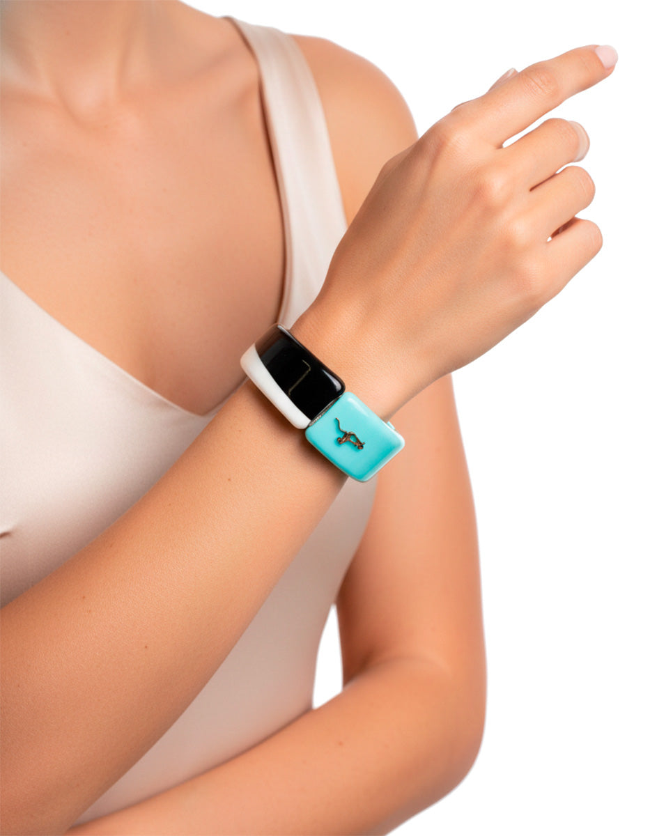 ⚡Ei Brazalete en Baquelita Multicolor con Rectángulos Turquesa, Crema y Negro New Deco