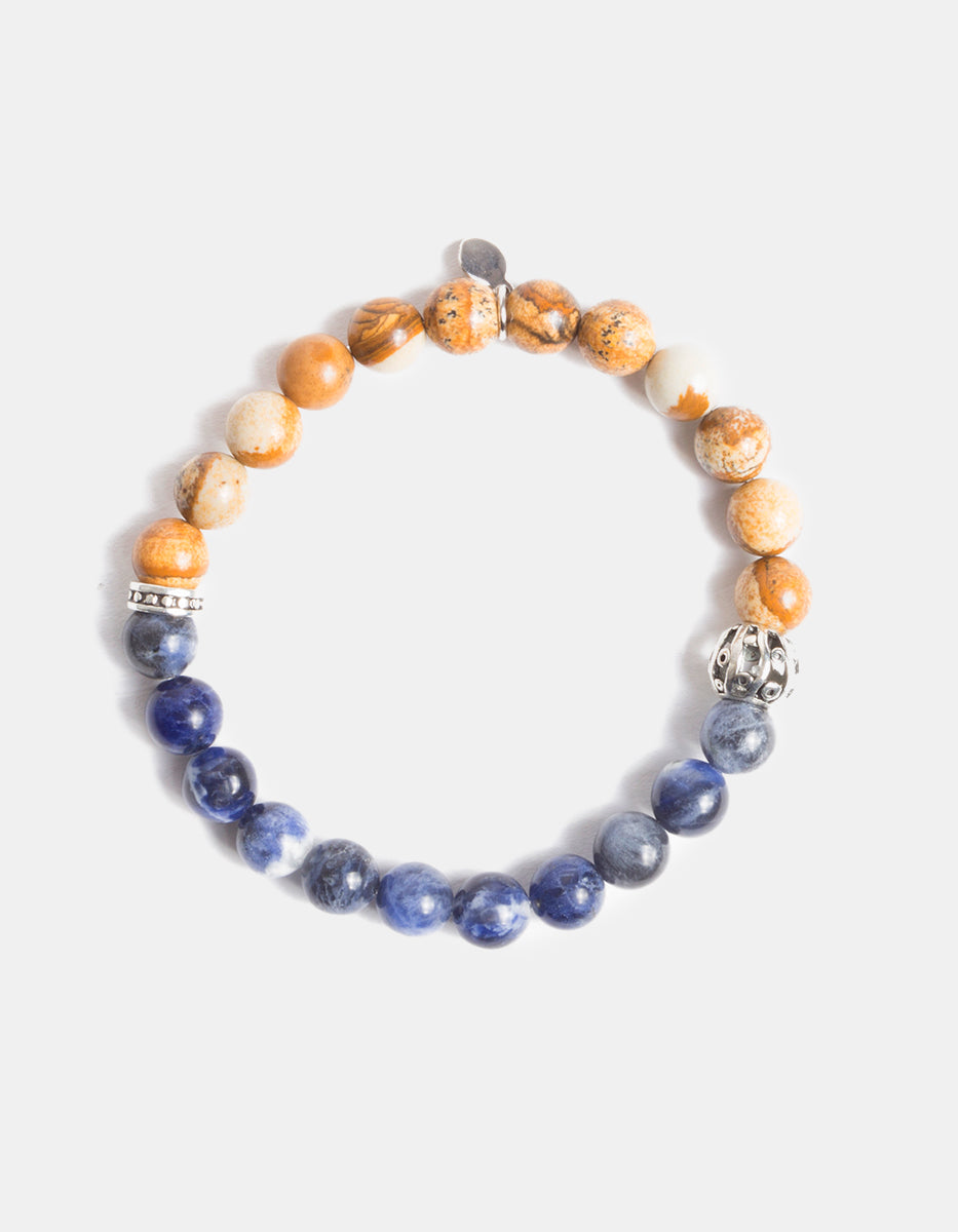 Pulsera de bronce en baño de rodio con aventurina azul y naranja