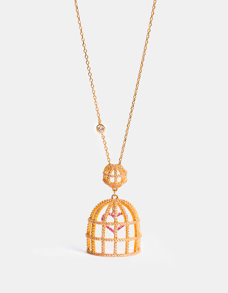 Collar de Plata con baño de oro de 22 quilates · Jaula con corazón · Love Story