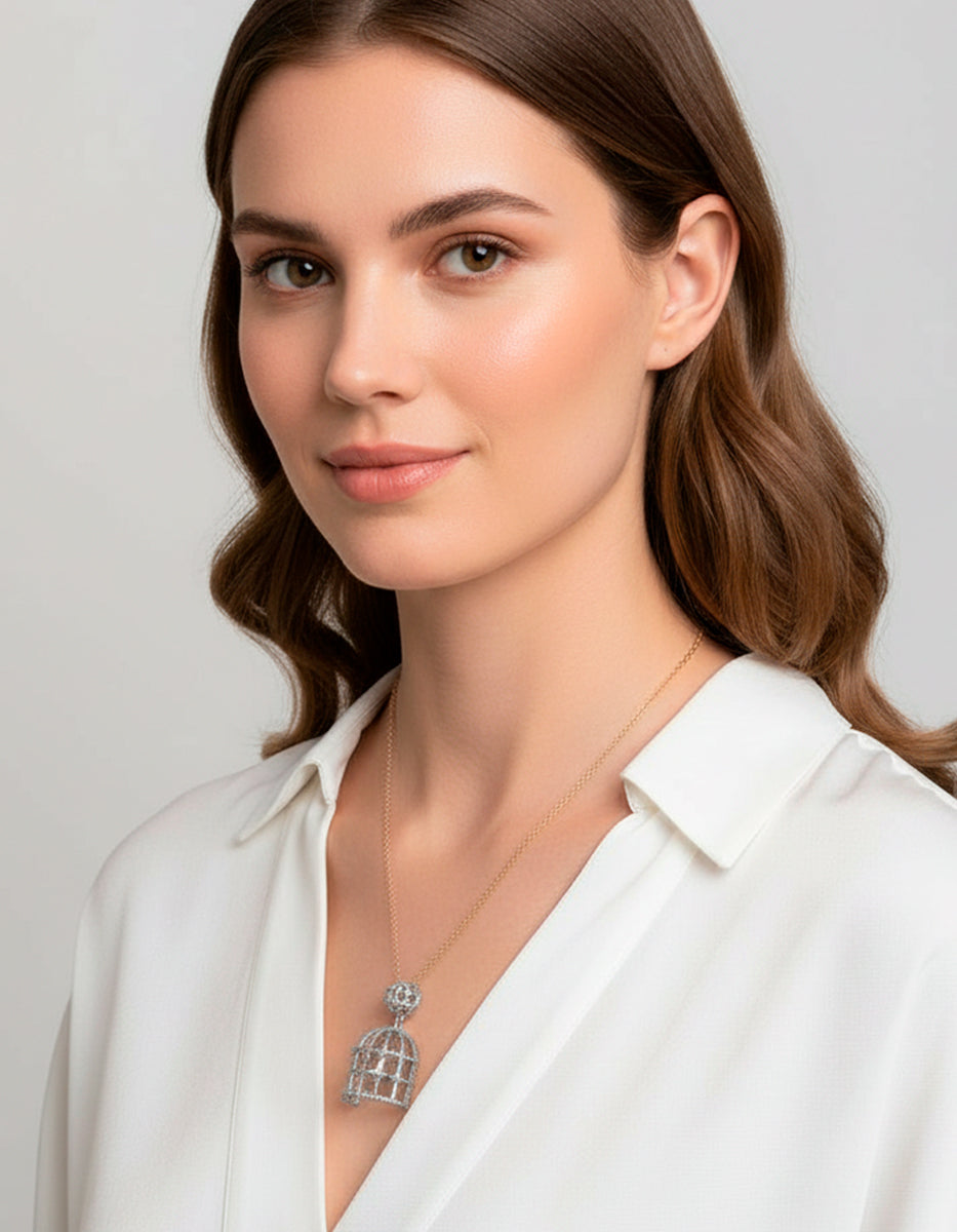 Collar plata .925 baño de rodio jaula corazón