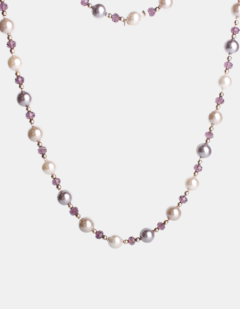 Collar de bronce baño platino con perlas y gemas moradas