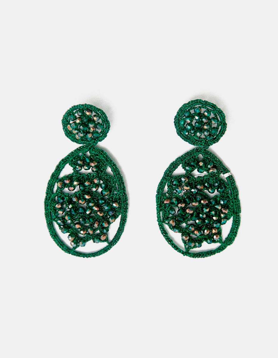 Aretes bordados con cristal austriaco verde esmeralda y bronce en baño vermeil 22kt