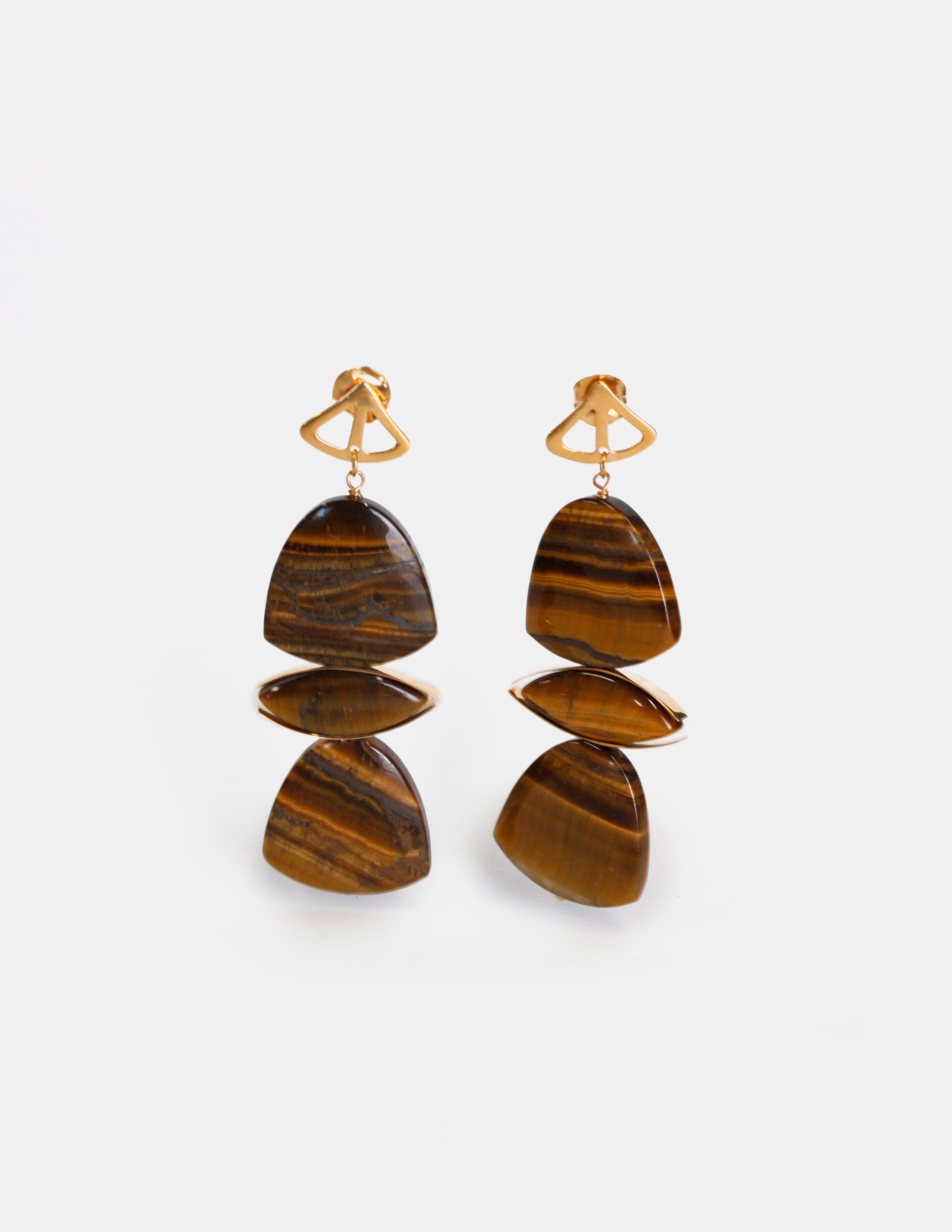 Aretes de bronce baño oro 22k con ojo de tigre