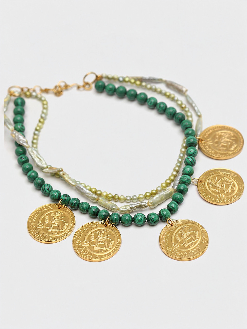 Collar 3 hilos malaquita de 8mm & perlas tono verde 6 monedas auténticas Memorias
