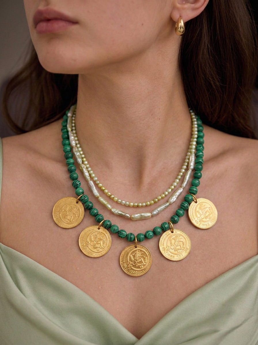 Collar 3 hilos malaquita de 8mm & perlas tono verde 6 monedas auténticas Memorias