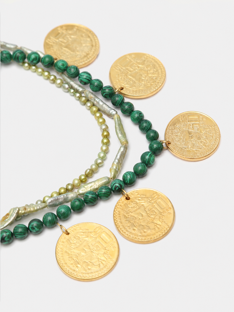 Collar 3 hilos malaquita de 8mm & perlas tono verde 6 monedas auténticas Memorias