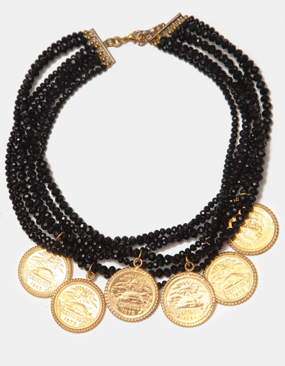 Collar 7 hilos cristal austriaco negro con 6 monedas auténticas Memorias