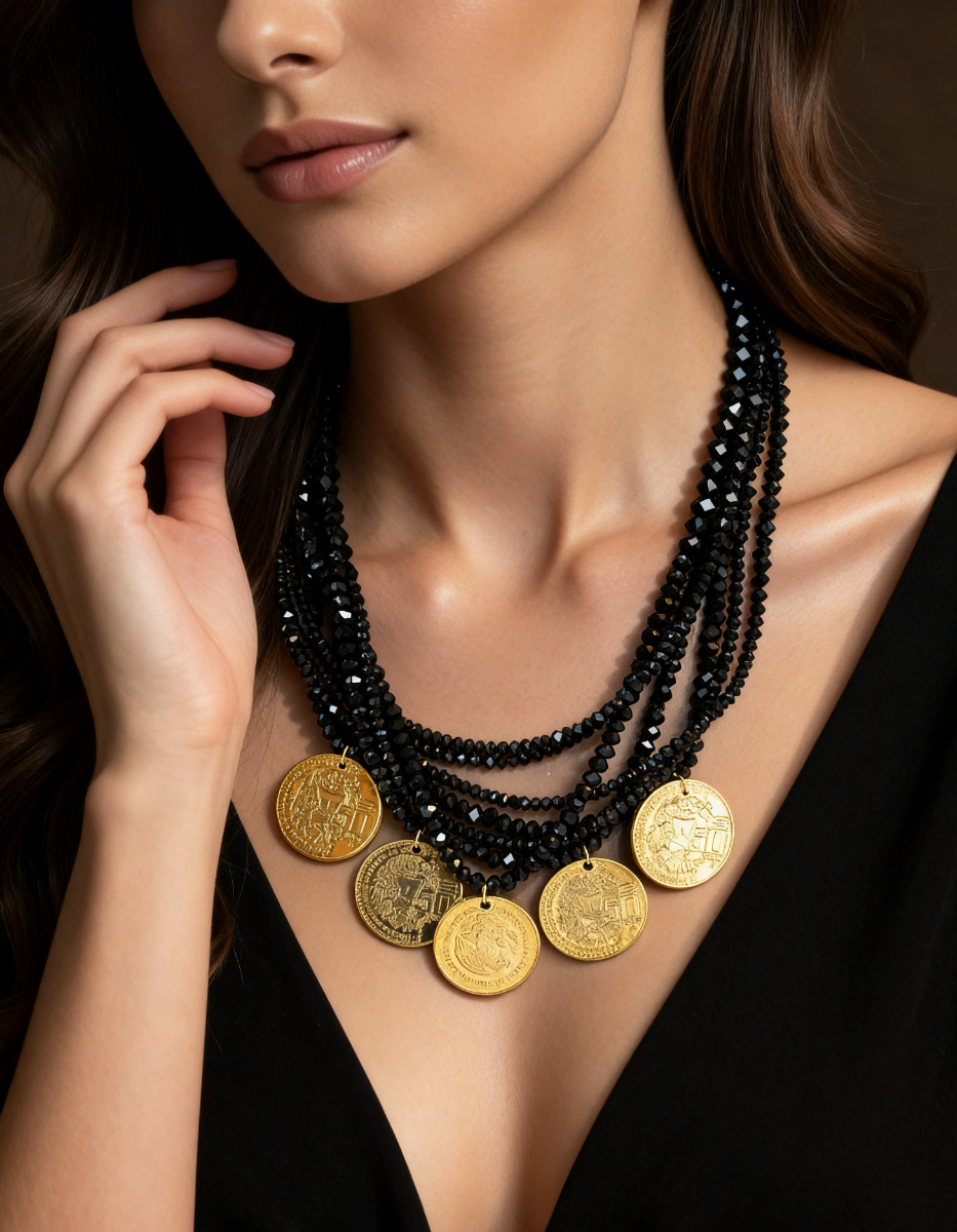 Collar de 7 hilos con cristal austriaco y 5 monedas vintage en baño de oro de 22kt Memorias