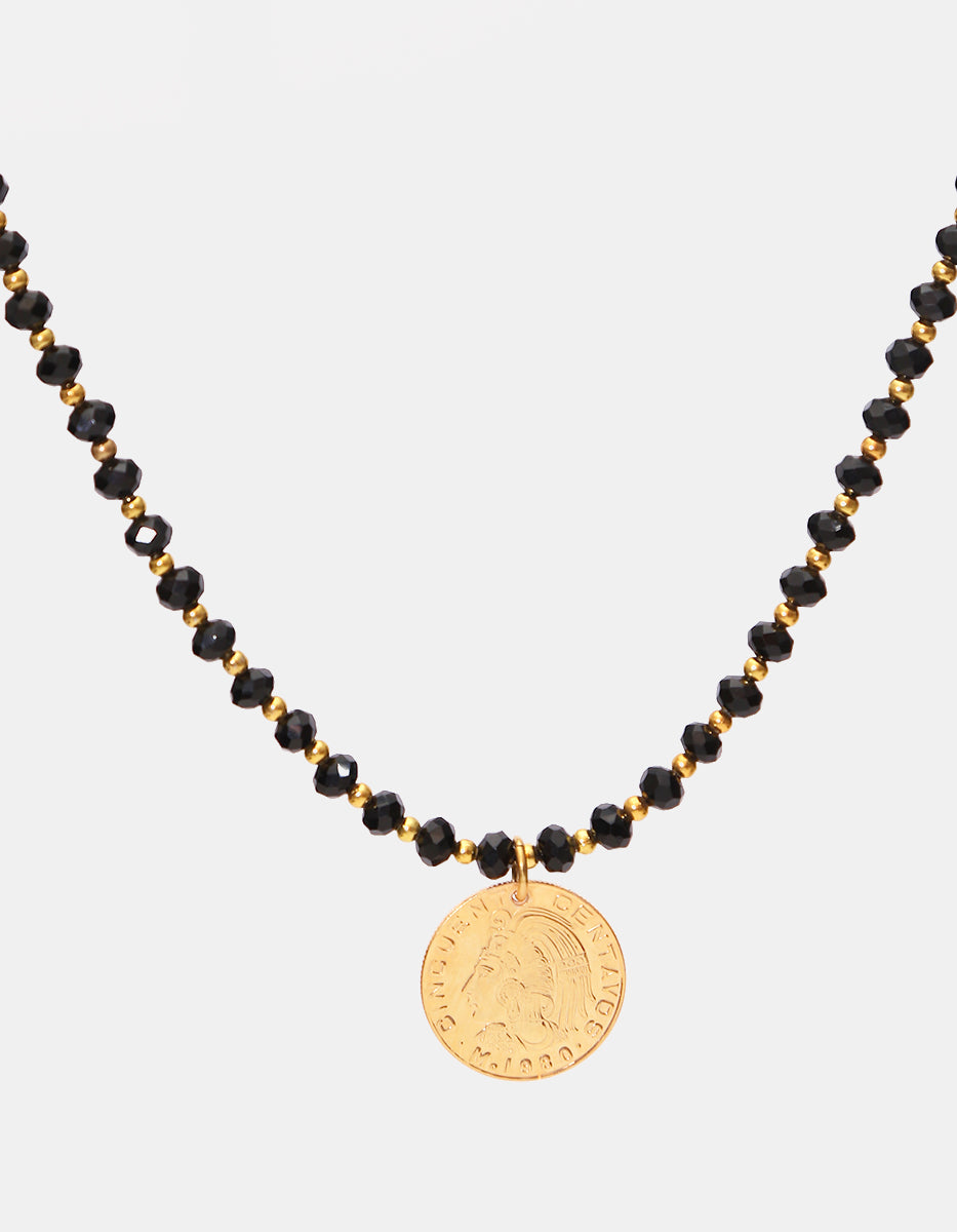 Collar ágatas negras facetadas & moneda auténtica Memorias