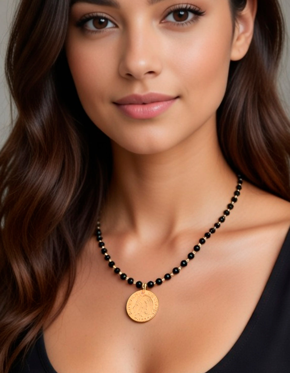 Collar ágatas negras facetadas & moneda auténtica Memorias