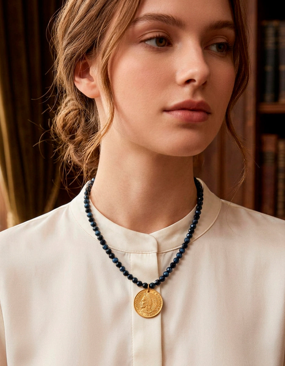 Collar cristal austriacos negro & moneda auténtica Memorias