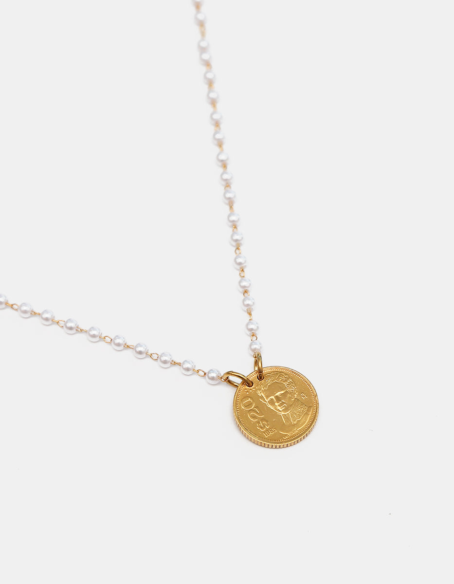 Collar perla mabe engarzada en metal noble & moneda auténtica Memorias
