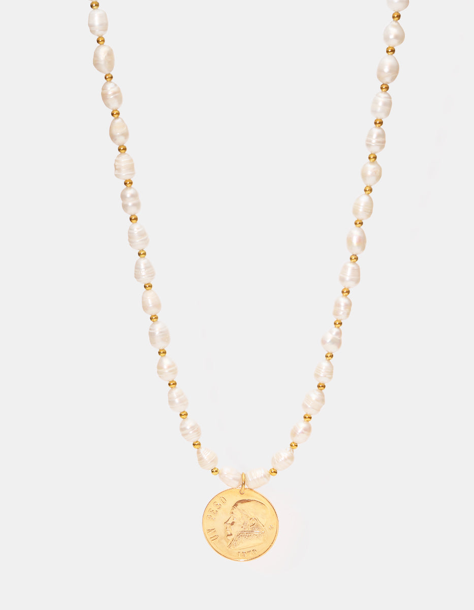 Collar perla japonesa & moneda auténtica Memorias