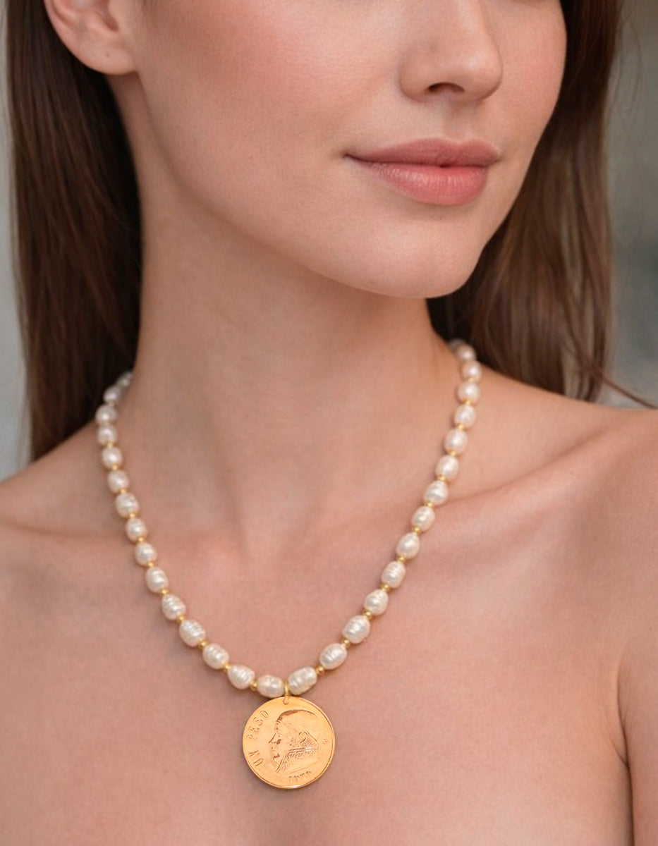 Collar perla japonesa & moneda auténtica Memorias